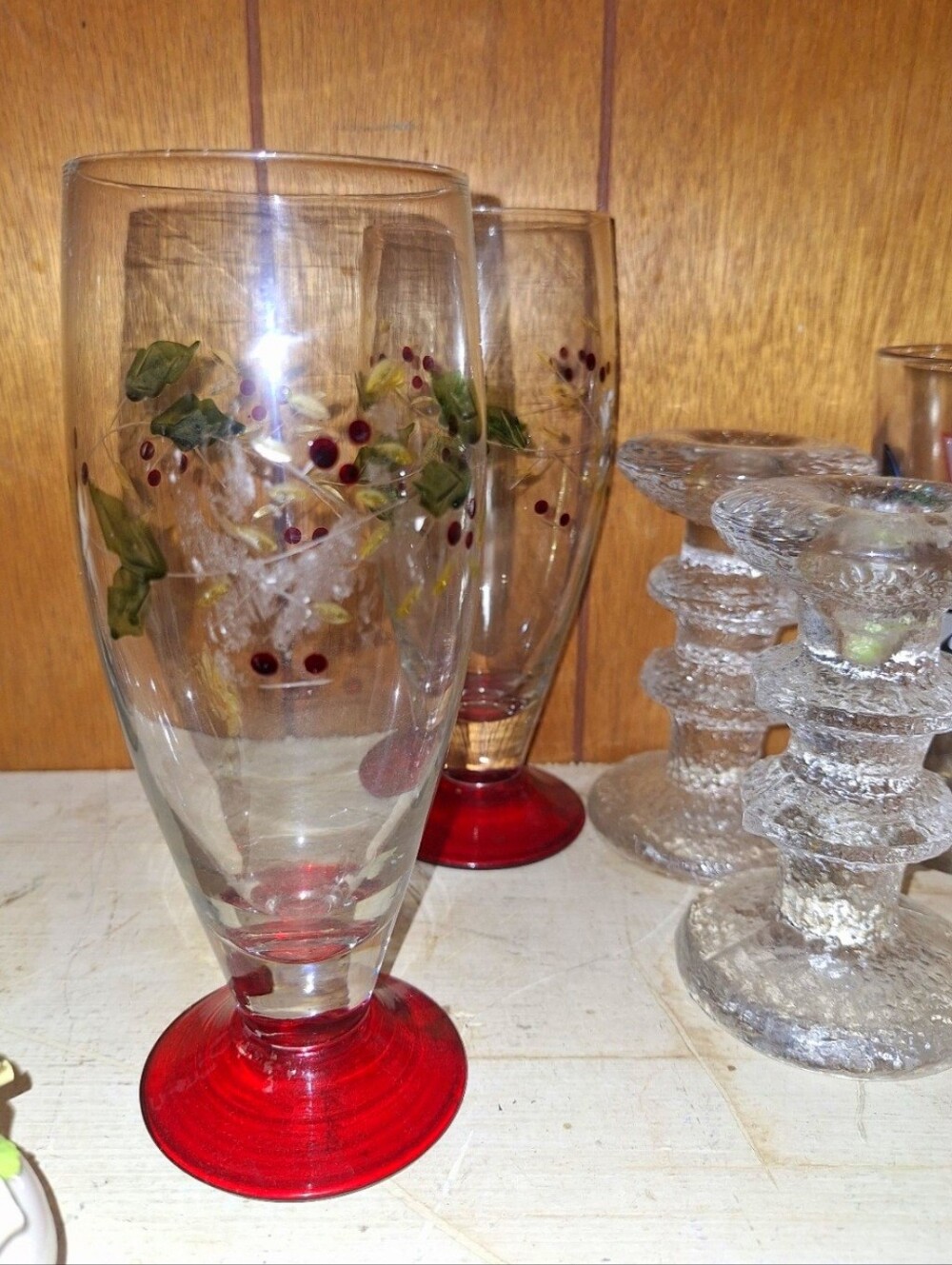 Pfaltzgraff Hand-Painted Red Flat Base Glass Goblet SET With Berry Motif